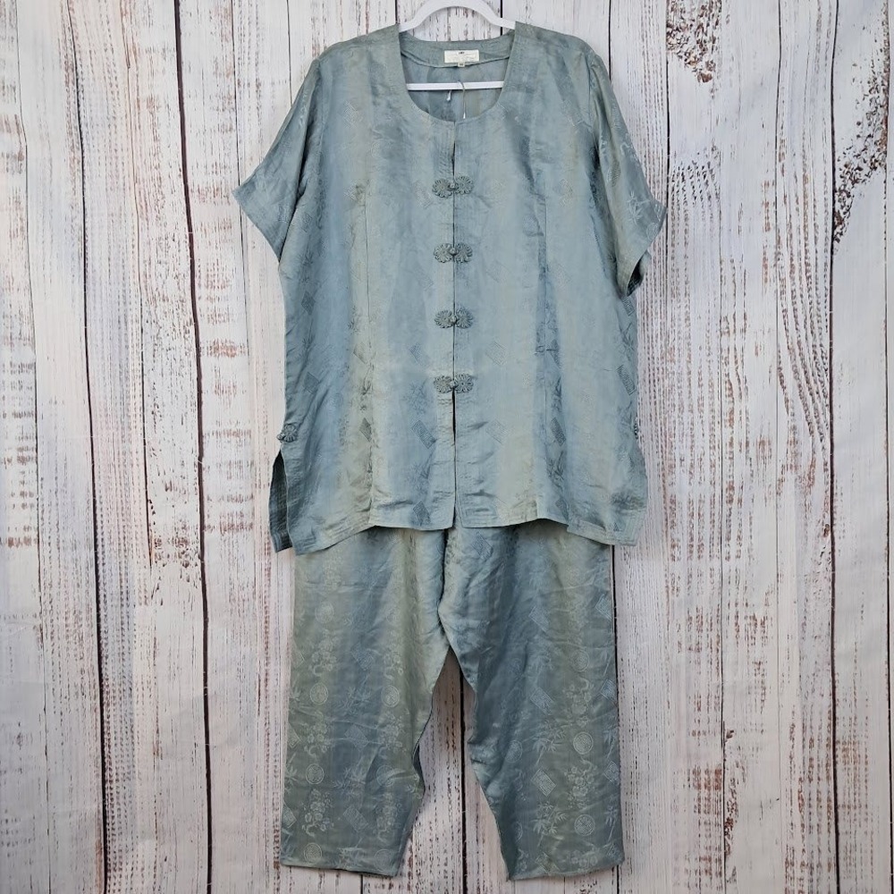 Vintage 80s XXL Vietnamese 100% Silk Jacquard Lounge Set Pajamas Blue Grey